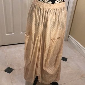 Tera Bora Bohemian Varied hem, pockets, Peachy Pink linen wht polka cotton skirt